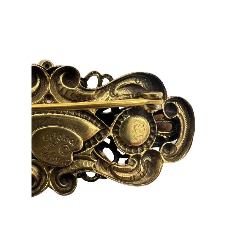 Vintage Original By Robert Amber Glass Cabochon Filigree Bar Brooch Rhinestones - Picture 5 of 9